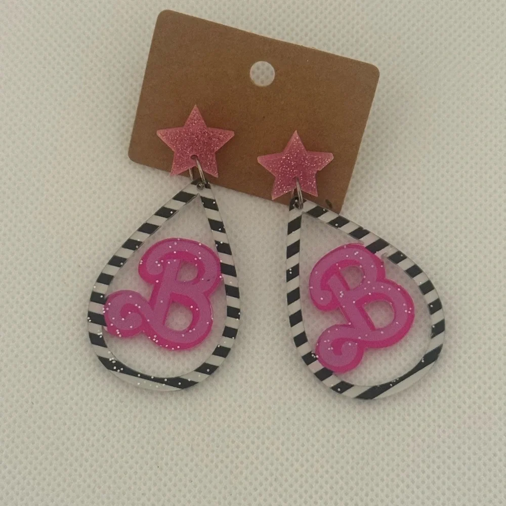 Glitter Acrylic Barbie B Earrings โ Pink Star & Striped Teardrop Dangle โ NWT - Picture 2 of 6